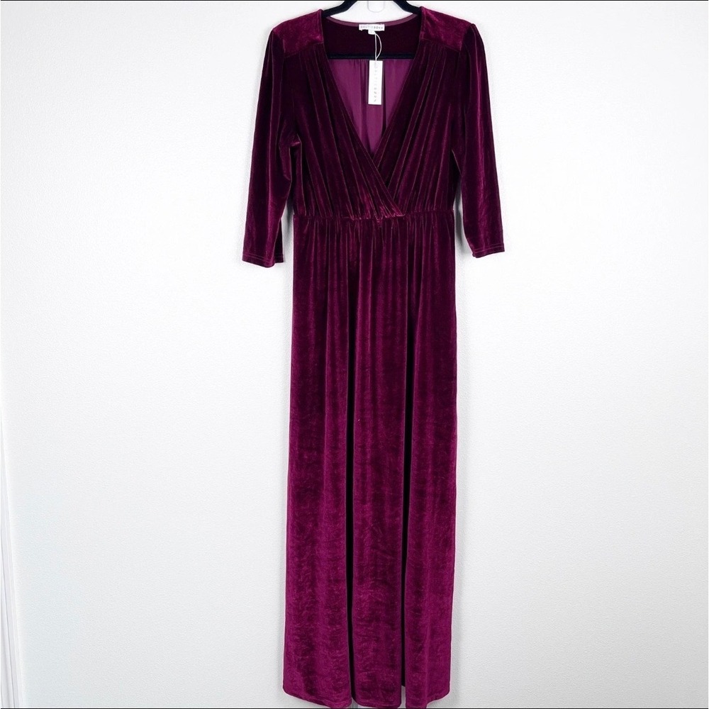 Baltic Born Velvet Maxi Dress Women Size L Burgundy V Neck Long Sleeve Formal